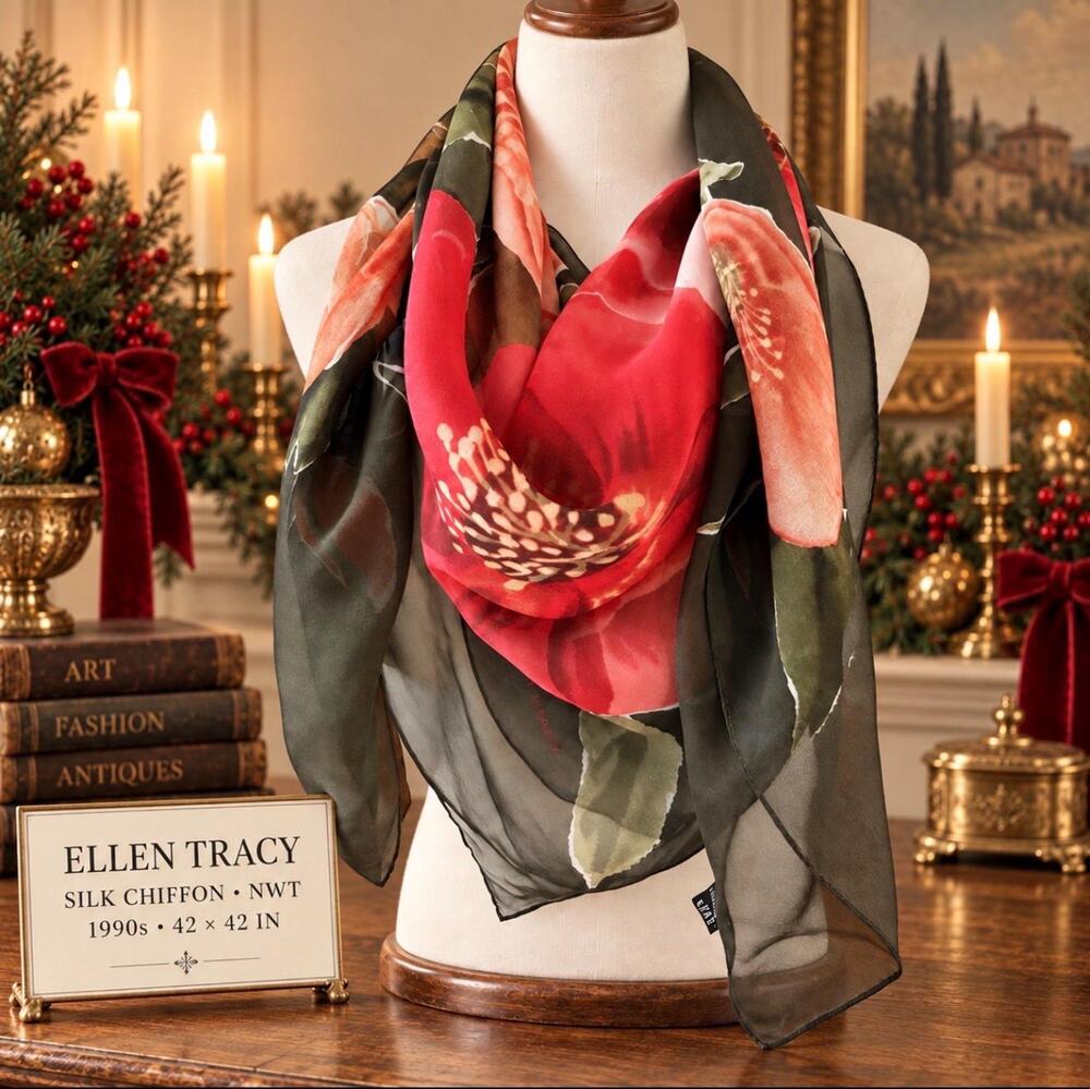 Vintage Ellen Tracy 1990s Silk Chiffon Christmas Floral Scarf NWT 42x42